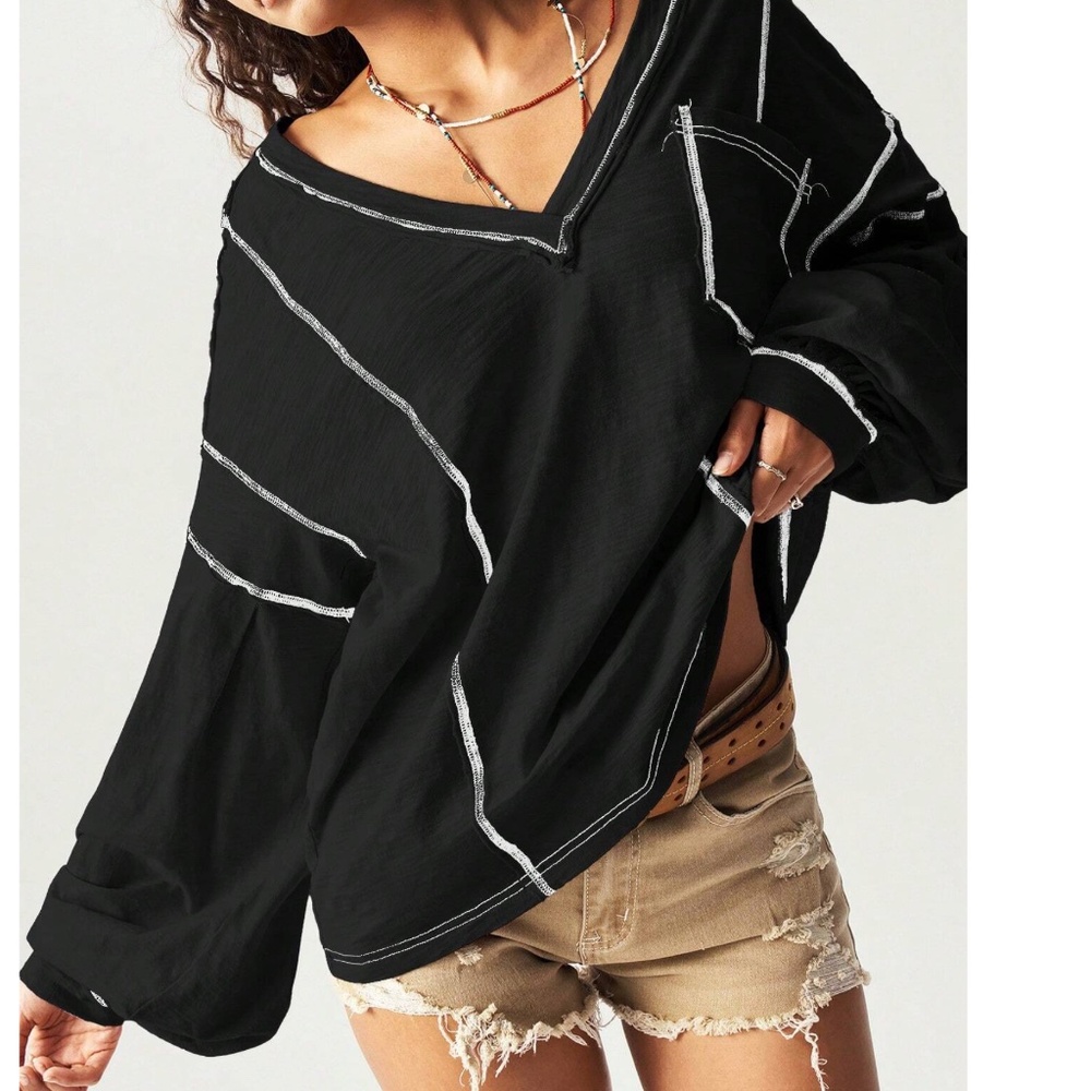 Solid Cotton V Neck Reverse Stitch Loose Fit Long… - image 3